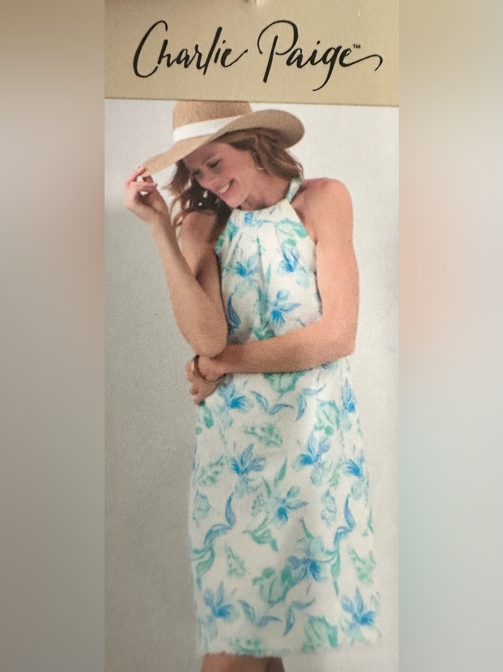 NWT M Charlie Paige Blue & Teal Floral Halter Dress 55Linen Fully Lined Cotton